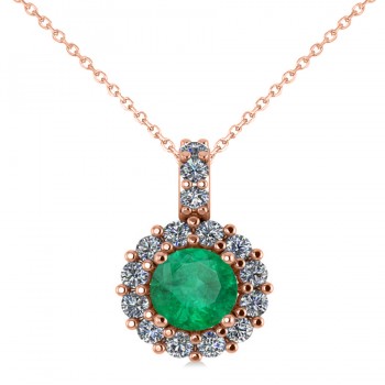 Round Emerald & Diamond Halo Pendant Necklace 14k Rose Gold (0.78ct)