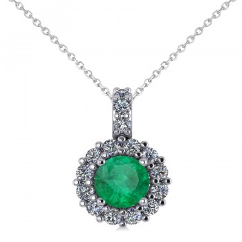 Round Emerald & Diamond Halo Pendant Necklace 14k White Gold (0.78ct)