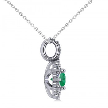 Round Emerald & Diamond Halo Pendant Necklace 14k White Gold (0.78ct)