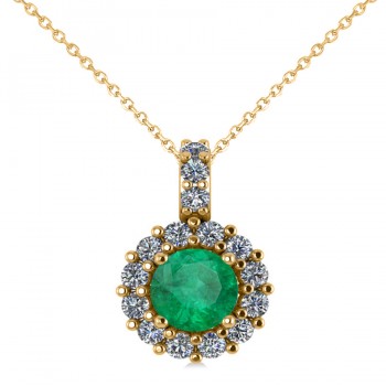 Round Emerald & Diamond Halo Pendant Necklace 14k Yellow Gold (0.78ct)