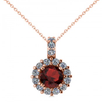 Round Garnet & Diamond Halo Pendant Necklace 14k Rose Gold (0.90ct)