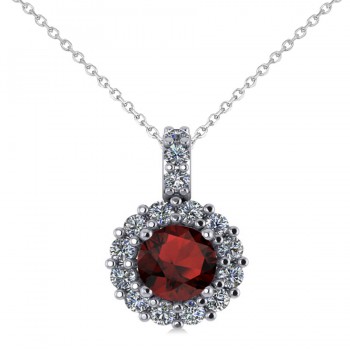 Round Garnet & Diamond Halo Pendant Necklace 14k White Gold (0.90ct)