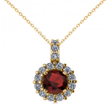 Round Garnet & Diamond Halo Pendant Necklace 14k Yellow Gold (0.90ct)