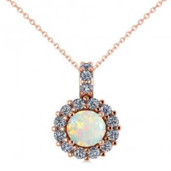 Round Opal & Diamond Halo Pendant Necklace 14k Rose Gold (0.64ct)