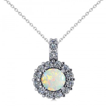 Round Opal & Diamond Halo Pendant Necklace 14k White Gold (0.64ct)