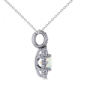 Round Opal & Diamond Halo Pendant Necklace 14k White Gold (0.64ct)