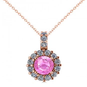 Round Pink Sapphire & Diamond Halo Pendant Necklace 14k Rose Gold (0.90ct)