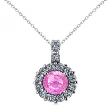 Round Pink Sapphire & Diamond Halo Pendant Necklace 14k White Gold (0.90ct)