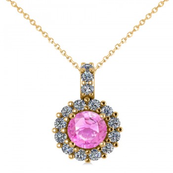 Round Pink Sapphire & Diamond Halo Pendant Necklace 14k Yellow Gold (0.90ct)