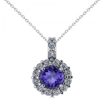 Round Tanzanite & Diamond Halo Pendant Necklace 14k White Gold (0.90ct)