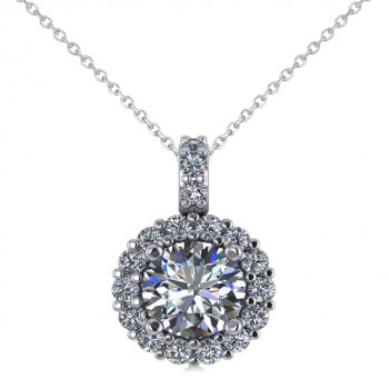 Round Diamond Halo Pendant Necklace 14k White Gold (1.34ct)