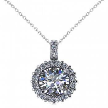 Round Diamond Halo Pendant Necklace 14k White Gold (1.88ct)