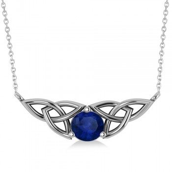 Celtic Round Blue Sapphire Pendant Necklace 14k White Gold (1.30ct)