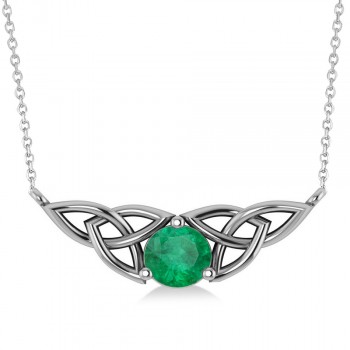 Celtic Round Emerald Pendant Necklace 14k White Gold (1.16ct)