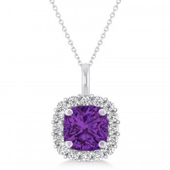 Cushion Cut Amethyst & Diamond Halo Pendant 14k White Gold (0.92ct)