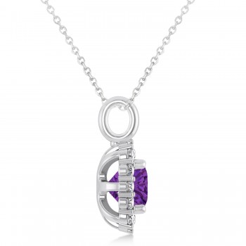 Cushion Cut Amethyst & Diamond Halo Pendant 14k White Gold (0.92ct)