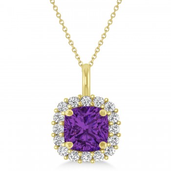 Cushion Cut Amethyst & Diamond Halo Pendant 14k Yellow Gold (0.92ct)