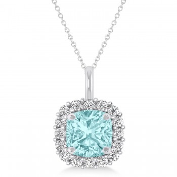 Cushion Cut Aquamarine & Diamond Halo Pendant 14k White Gold (0.92ct)