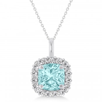 Cushion Cut Aquamarine & Diamond Halo Pendant 14k White Gold (0.92ct)