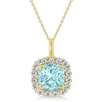 Cushion Cut Aquamarine & Diamond Halo Pendant 14k Yellow Gold (0.92ct)