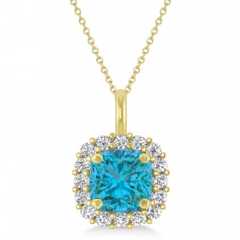 Cushion Cut Blue & White Diamond Halo Pendant 14k Yellow Gold (0.78ct)