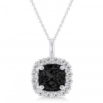 Cushion Cut Black & White Diamond Halo Pendant 14k White Gold (0.78ct)