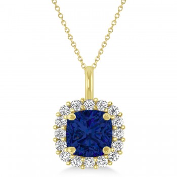 Cushion Cut Blue Sapphire & Diamond Halo Pendant 14k Yellow Gold (0.92ct)