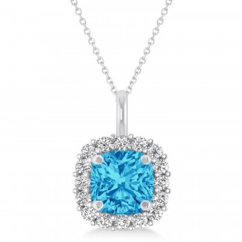 Cushion Cut Blue Topaz & Diamond Halo Pendant 14k White Gold (0.92ct)