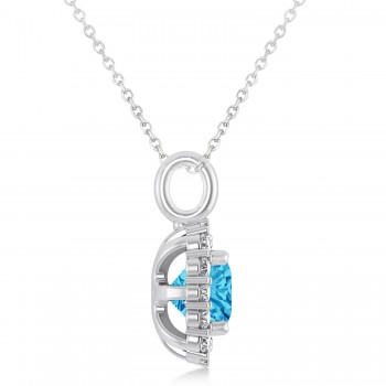 Cushion Cut Blue Topaz & Diamond Halo Pendant 14k White Gold (0.92ct)