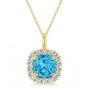 Cushion Cut Blue Topaz & Diamond Halo Pendant 14k Yellow Gold (0.92ct)