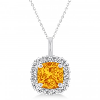 Cushion Cut Citrine & Diamond Halo Pendant 14k White Gold (0.92ct)