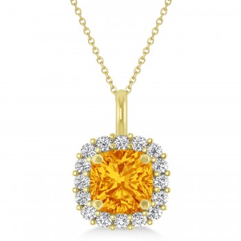 Cushion Cut Citrine & Diamond Halo Pendant 14k Yellow Gold (0.92ct)
