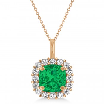 Cushion Cut Emerald & Diamond Halo Pendant 14k Rose Gold (0.92ct)