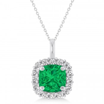 Cushion Cut Emerald & Diamond Halo Pendant 14k White Gold (0.92ct)