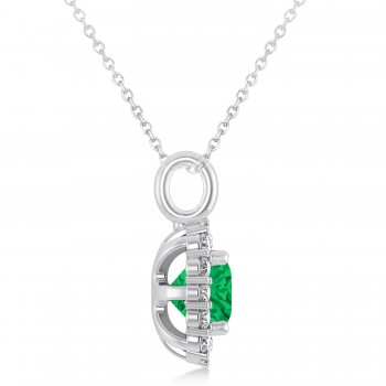 Cushion Cut Emerald & Diamond Halo Pendant 14k White Gold (0.92ct)