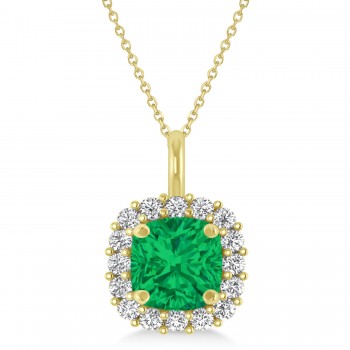 Cushion Cut Emerald & Diamond Halo Pendant 14k Yellow Gold (0.92ct)