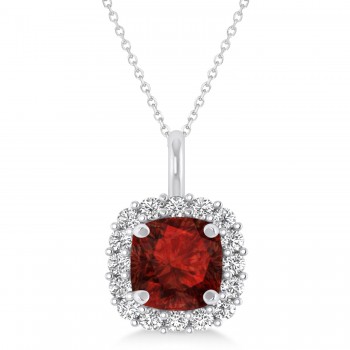 Cushion Cut Garnet & Diamond Halo Pendant 14k White Gold (0.92ct)