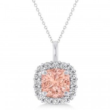 Cushion Cut Morganite & Diamond Halo Pendant 14k White Gold (0.92ct)