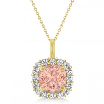 Cushion Cut Morganite & Diamond Halo Pendant 14k Yellow Gold (0.92ct)