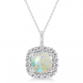 Cushion Cut Opal & Diamond Halo Pendant 14k White Gold (0.92ct)