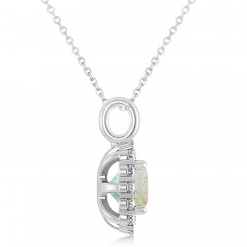 Cushion Cut Opal & Diamond Halo Pendant 14k White Gold (0.92ct)