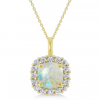 Cushion Cut Opal & Diamond Halo Pendant 14k Yellow Gold (0.92ct)