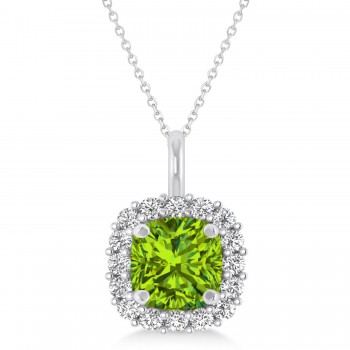 Cushion Cut Peridot & Diamond Halo Pendant 14k White Gold (0.92ct)