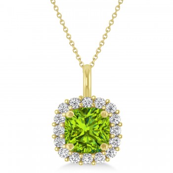 Cushion Cut Peridot & Diamond Halo Pendant 14k Yellow Gold (0.92ct)