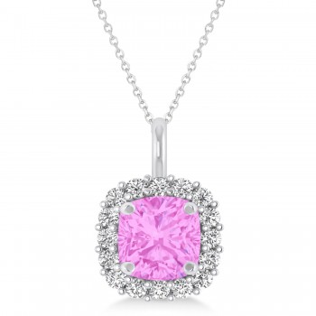 Cushion Cut Pink Sapphire & Diamond Halo Pendant 14k White Gold (0.92ct)