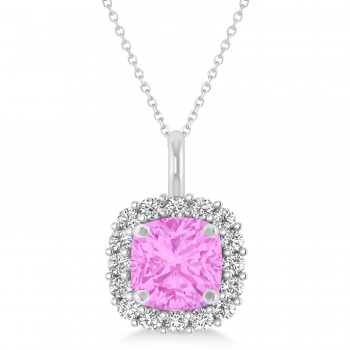 Cushion Cut Pink Sapphire & Diamond Halo Pendant 14k White Gold (0.92ct)