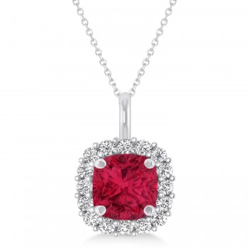 Cushion Cut Ruby & Diamond Halo Pendant 14k White Gold (0.92ct)