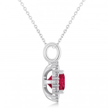 Cushion Cut Ruby & Diamond Halo Pendant 14k White Gold (0.92ct)