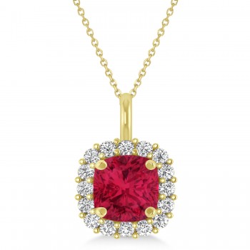 Cushion Cut Ruby & Diamond Halo Pendant 14k Yellow Gold (0.92ct)