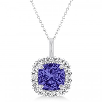 Cushion Cut Tanzanite & Diamond Halo Pendant 14k White Gold (0.92ct)